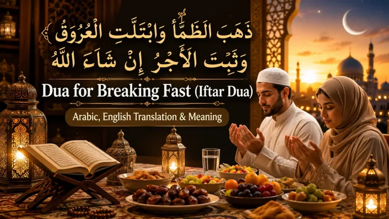 Dua for breaking fast in Ramadan with Arabic text, English translation, and Muslims making dua before Iftar.
