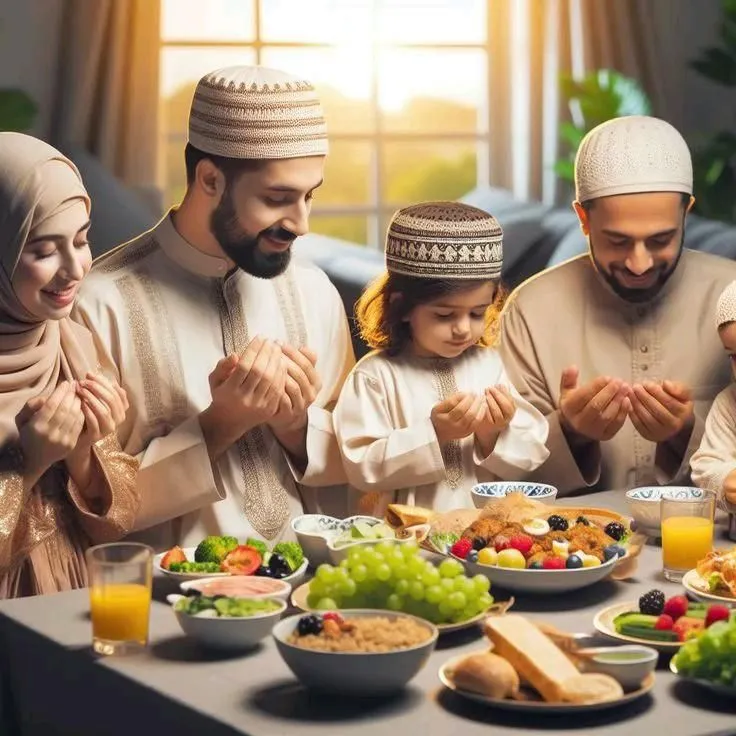 Muslim family praying before Iftar with dates, water, and traditional Ramadan meal at sunset.
